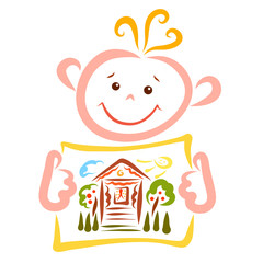 Cheerful child holds a sheet with the image of a cozy village house