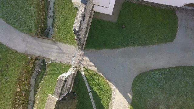 LOCE, SLOVENIA, 2019.01.25: Aerial: Flying over remainings of Zice monastery. Filming remainings of ancient French monastery Zicka kartuzija on beautiful sunny winter morning.