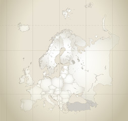 Europe map, new political detailed map, separate individual states, old paper background blank