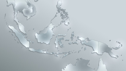 Indonesia map, state names, separate states, individual region, glass card paper 3D raster blank