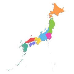 Japan map, new political detailed map, separate individual regions, with state names, isolated on white background 3D blank