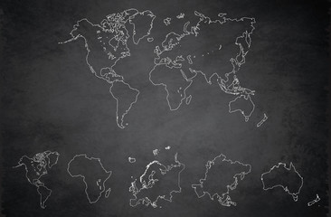 World continents map, America, Europe, Africa, Asia, Australia, blackboard school chalkboard blank