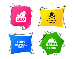 100% Natural Bio food icons. Halal and Kosher signs. Chief hat with fork and spoon symbol. Geometric colorful tags. Banners with flat icons. Trendy design. Vector