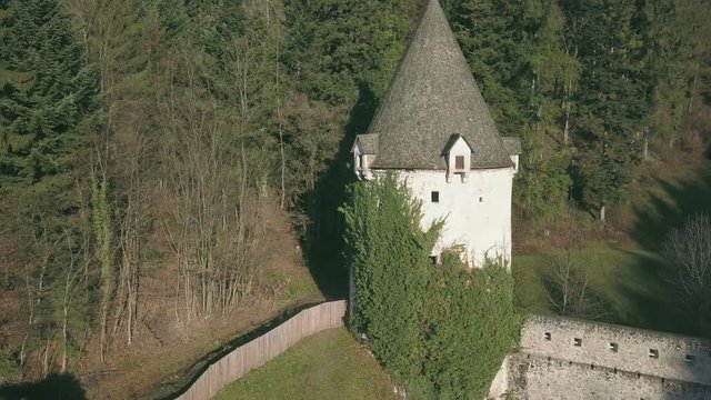 LOCE, SLOVENIA, 2019.01.25: Aerial: Flying over remainings of Zice monastery. Filming remainings of ancient French monastery Zicka kartuzija on beautiful sunny winter morning.