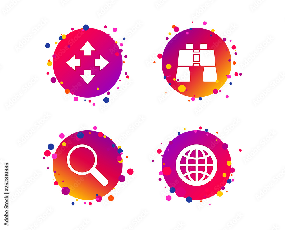 Aufkleber magnifier glass and globe search icons. fullscreen arrows and binocular search sign symbols. gradien
