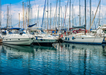 Fototapeta premium Yacht in the port of Agios Nikolaos, Crete, Greece