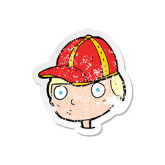 retro distressed sticker of a cartoon curious boy wearing cap