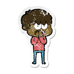 distressed sticker of a worried cartoon boy