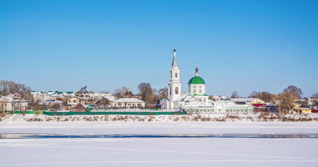 Volga River Embankment in Tver on sunny frosty winter day