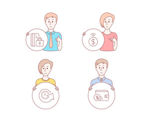 People hand drawn style. Set of Update time, Contactless payment and Blocked card icons. Buying accessory sign. Refresh watch, Financial payment, Private money. Wallet with coins. Vector