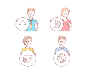 People hand drawn style. Set of Payment method, Rfp and Upload icons. Stop talking sign. Wallet with coins, Request for proposal, Load arrowhead. Do not talk.  Character hold circle button. Vector