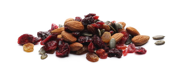 Power mix, dry blueberries, cherries, raisins, pumpkin seeds and raw almonds isolated on white background 