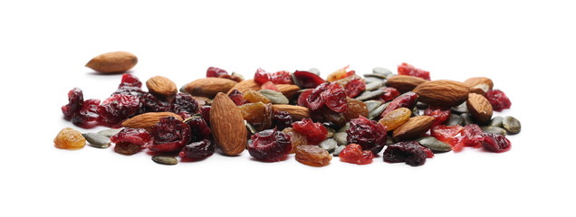 Power mix, dry blueberries, cherries, raisins, pumpkin seeds and raw almonds isolated on white background 