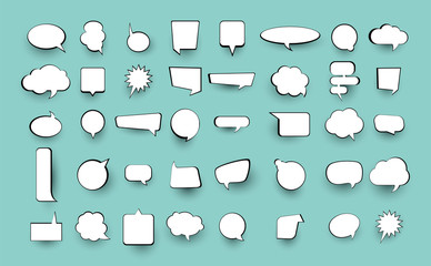 Set of blank empty white Speech Bubbles. Blank empty Speech Bubbles with shadow on blue background