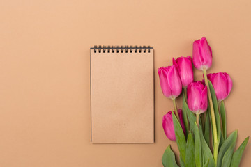 Spring beige background with spring pink flowers and opened craft notebook with empty blank list. Free space. Copy space.Top view. Tulips. Mother's Day. Woman's Day. St. Valentine's Day.