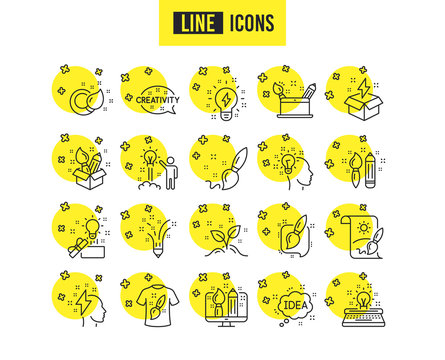 Creativity line icons. Set of Design, Idea and Inspiration linear icons. Imagination, Idea box and Creative signs. Brush with pencil, T-shirt and Out of the box symbols. Quality futuro design icons
