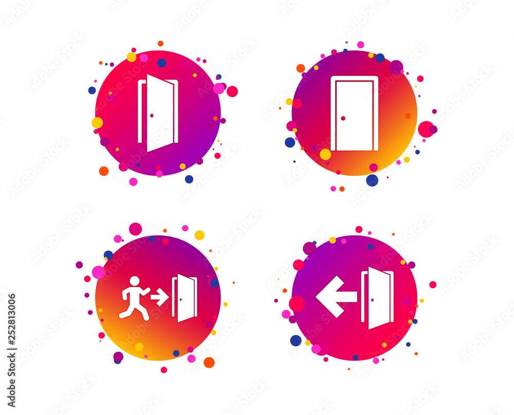 Aufkleber doors icons. emergency exit with human figure and arrow symbols. fire exit signs. gradient circle bu