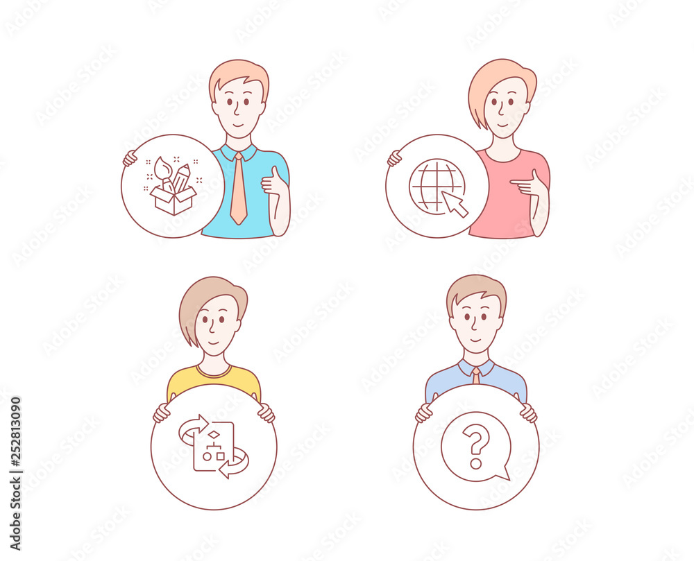 Poster people hand drawn style. set of creativity, internet and technical algorithm icons. question mark si