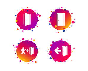 Doors icons. Emergency exit with human figure and arrow symbols. Fire exit signs. Gradient circle buttons with icons. Random dots design. Vector