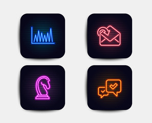 Fototapeta premium Neon glow lights. Set of Receive mail, Line graph and Marketing strategy icons. Approve sign. Incoming message, Market diagram, Chess knight. Accepted message. Neon icons. Glowing light banners