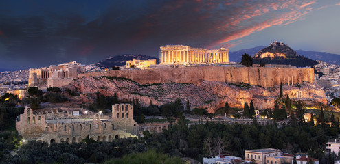 Acropolis - Parthenon of Athens at dusk time, Greece