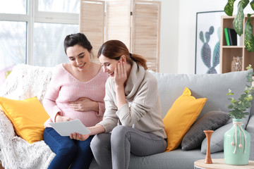 Fototapeta premium Doula and pregnant woman with ultrasound scans at home