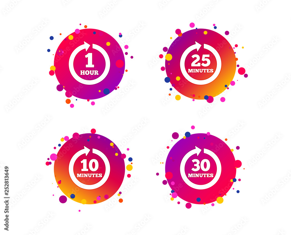Aufkleber every 10, 25, 30 minutes and 1 hour icons. full rotation arrow symbols. iterative process signs. gra