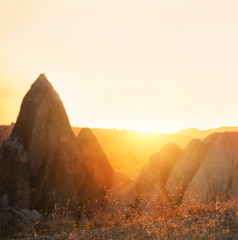 Early morning among the quaint rocks. Goreme National Park. Cappadocia. Turkey.
