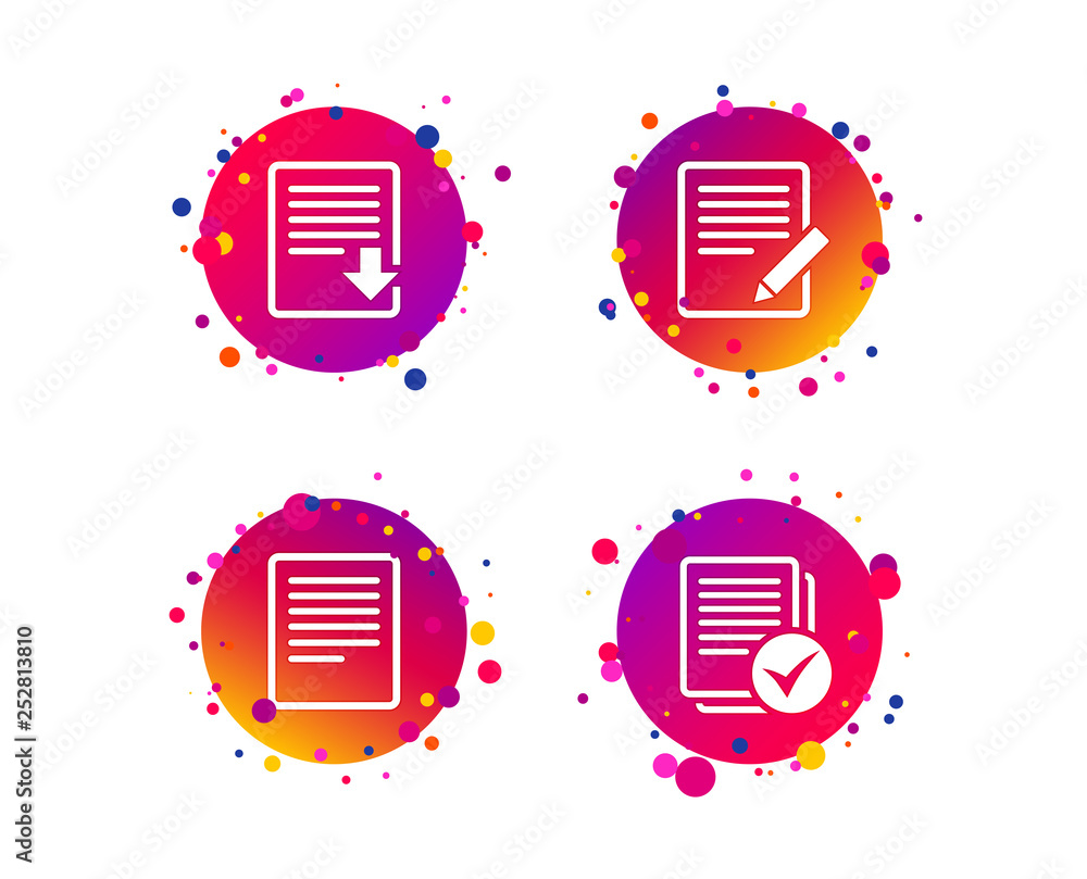 Poster file document icons. download file symbol. edit content with pencil sign. select file with checkbox.