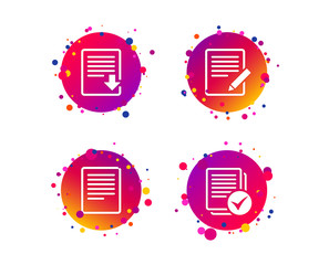 File document icons. Download file symbol. Edit content with pencil sign. Select file with checkbox. Gradient circle buttons with icons. Random dots design. Vector