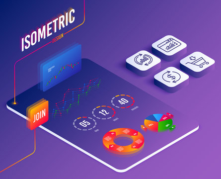 Isometric vector. Set of Web traffic, Update data and Online market icons. Usd exchange sign. Website window, Sales chart, Shopping cart. Currency rate.  Software or Financial markets. Vector
