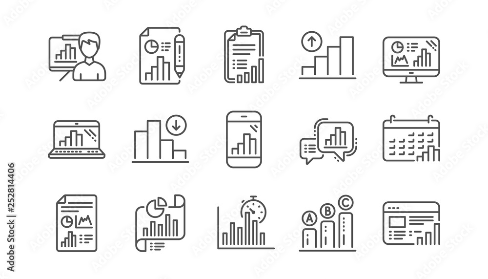 Poster graph line icons. charts and graphs, presentation and report. analytics linear icon set. vector