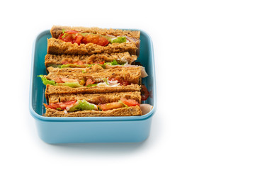 Healthy sandwich with greens, ham, tomatoes and cheese on white background. Lunch ideas for school or for work