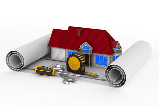 house and tools on white background. Isolated 3D illustration