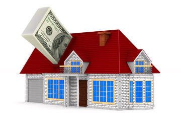 House and cash on white background. Isolated 3D illustration