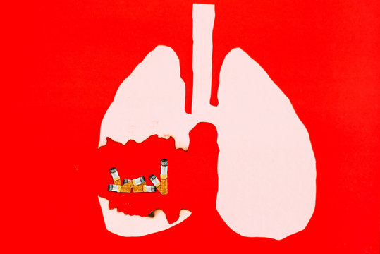 burning paper of lung on red background with cigarette, smoking kills concept