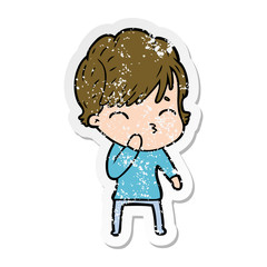 distressed sticker of a cartoon woman thinking