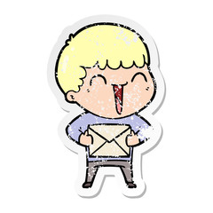 distressed sticker of a cartoon happy man