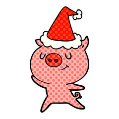 happy comic book style illustration of a pig wearing santa hat
