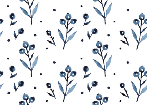 Blue berries watercolor seamless pattern