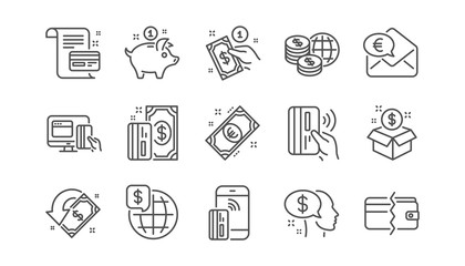 Money payment line icons. Bank transfer, Piggy bank and Credit card. Cash linear icon set.  Vector