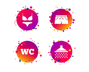 Swimming pool icons. Shower water drops and swimwear symbols. WC Toilet sign. Trunks and women underwear. Gradient circle buttons with icons. Random dots design. Vector