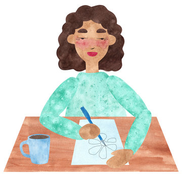 Hand drawn watercolor collage of a girl with dark curly hair in blue, drawing and relaxing in a pause. A secretary or student. Illustration for magazine or advertisement.
