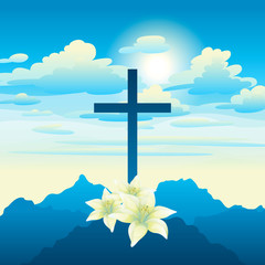 Easter illustration. Greeting card with cross and lilies.