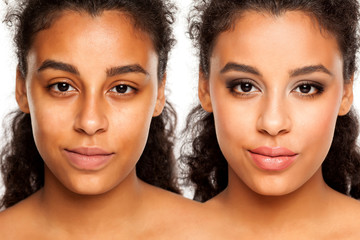 Comparision portrait of young dark-skinned woman without, and with makeup on a white background