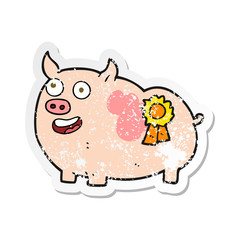 retro distressed sticker of a cartoon prize winning pig