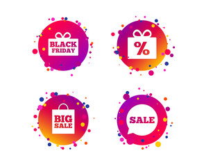 Sale speech bubble icon. Black friday gift box symbol. Big sale shopping bag. Discount percent sign. Gradient circle buttons with icons. Random dots design. Vector