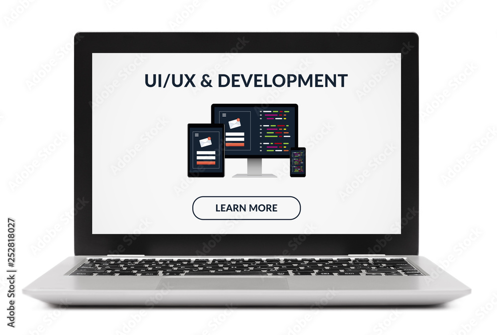 Sticker ui/ux design and development concept on laptop screen isolated