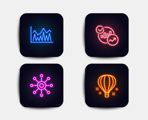 Neon glow lights. Set of Multichannel, Investment and Statistics icons. Air balloon sign. Multitasking, Economic statistics, Report charts. Sky travelling.  Neon icons. Glowing light banners. Vector