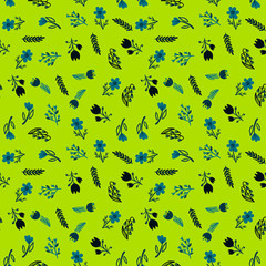 Hand Drawn pattern with summer flowers and herbs vintage Hohloma floral elements. Blue Yellow on white